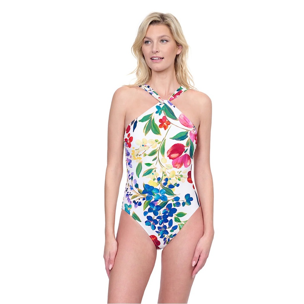 GOTTEX GARDEN DREAM HIGH NECK TWIST HALTER ONE‎ PIECE SWIMSUIT White 14